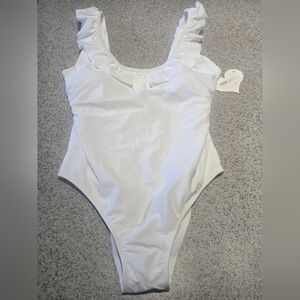 Womens Large One Piece Swim Top White Ruffle Front Swimwear Bathing Suit NWT